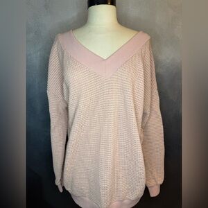Blush Pink Waffle Knit V-Neck Sweater – Size Large
